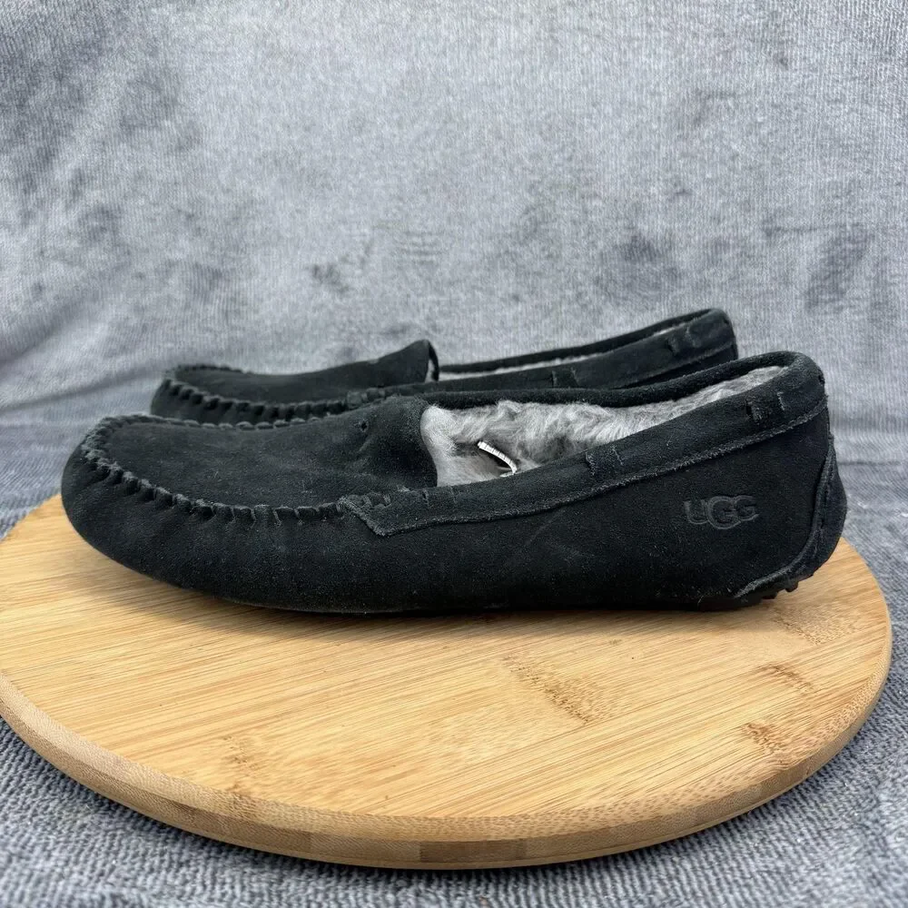 UGG Slippers Shoes Mens Size 8 Black Suede Shearling Lined Moccasin 1003990